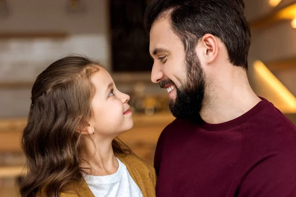 Smiling Daughter Father Looking Each Other Cafe — Stock Photo, Image