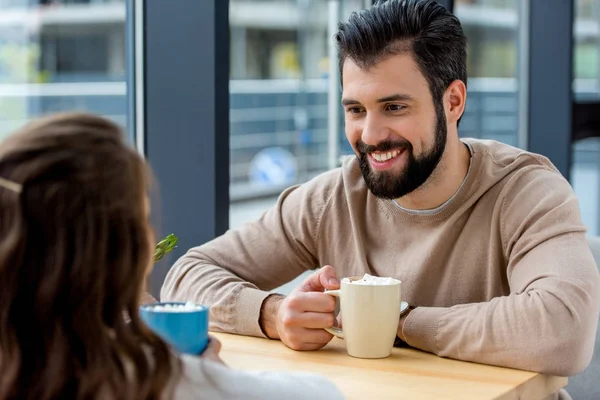 Happy Father Daughter Spending Time Cafe Drinking Cacao — Stock Photo, Image