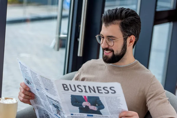 Smiling Businessman Glasses Reading Newspaper Cafe — Stock Photo, Image