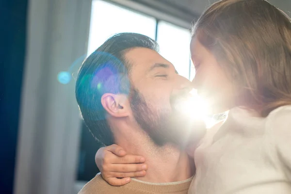 Happy Father Daughter Touching Noses Sunlight Faces — Stock Photo, Image