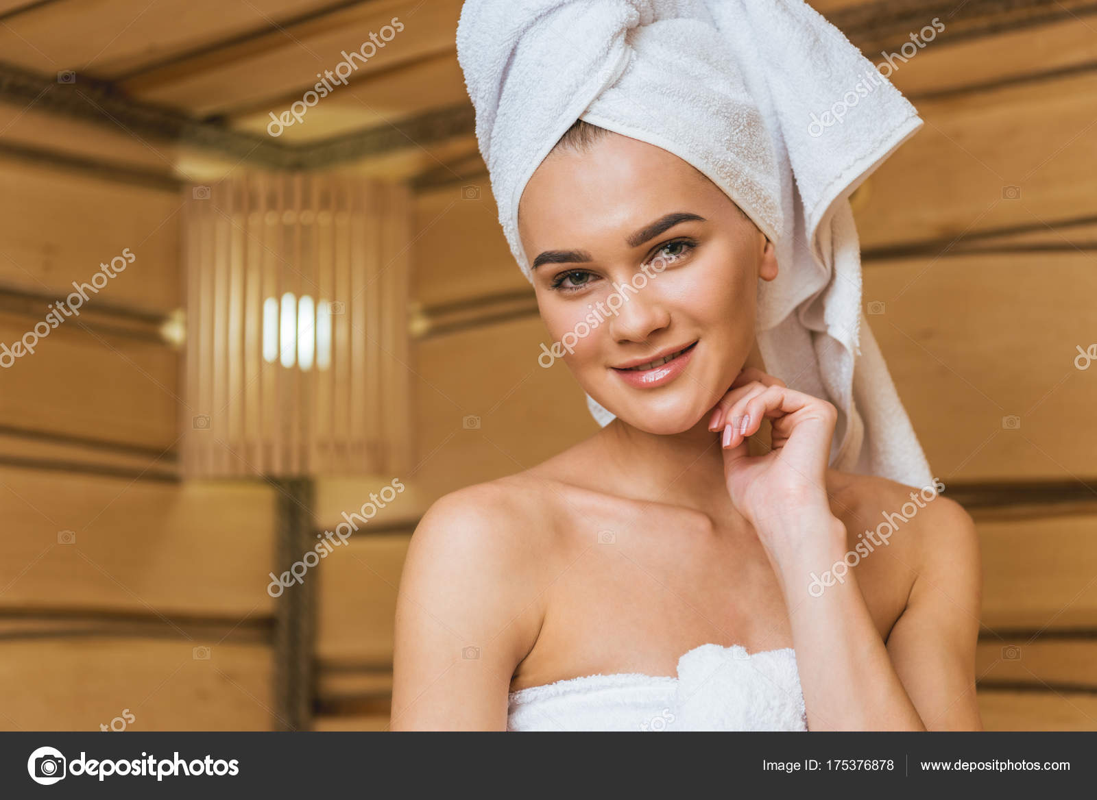 Beautiful Young Woman Towel Head Sauna Stock Photo by ©AllaSerebrina  175376878