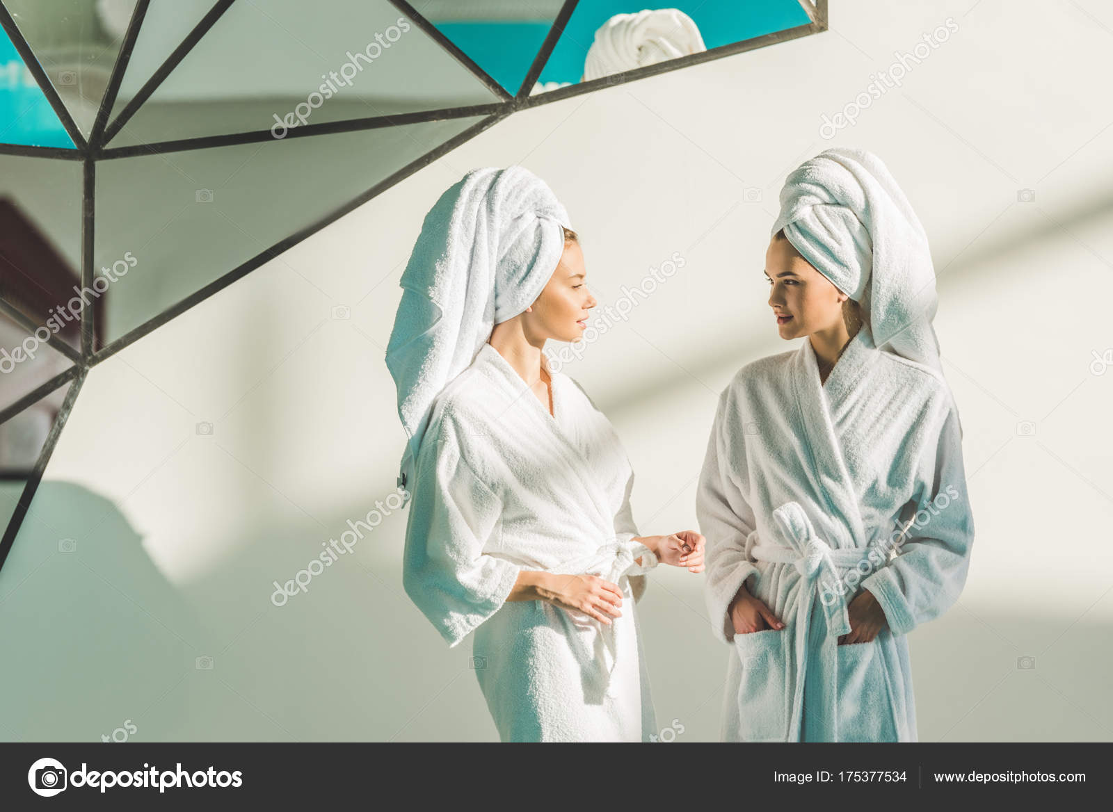 Beautiful Young Women Bathrobes Spa Center — Stock Photo
