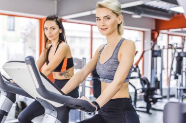 smiling athletic women working out on elliptical machines at gym clipart