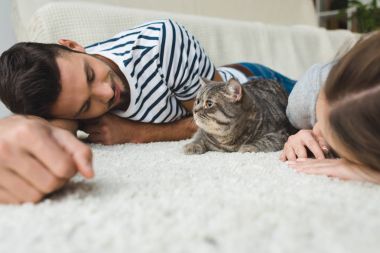 happy young couple lying on floor with tabby cat clipart