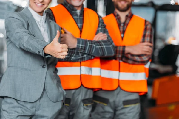 Cropped View Two Workers Inspector Showing Thumb — Stock Photo, Image