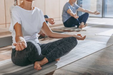 Grup pratik yoga hocası Studio paspaslar üzerinde lotus poz ile üst düzey insan