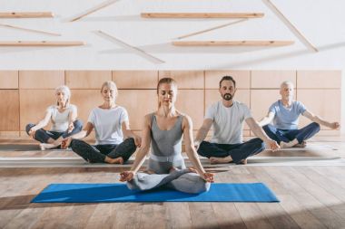 Grup pratik yoga hocası Studio paspaslar üzerinde lotus poz ile üst düzey insan