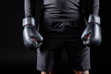 cropped shot of boxer in black gloves isolated on black clipart