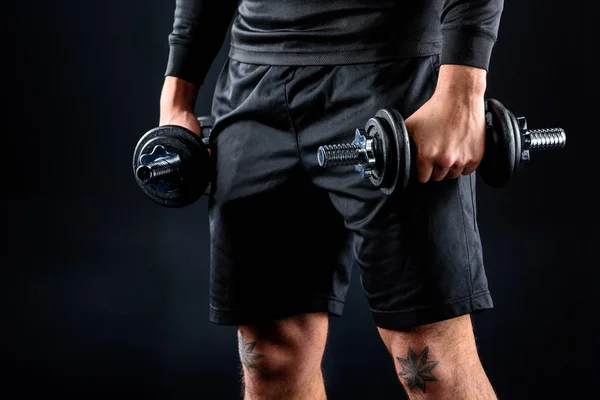 Cropped Shot Sportsman Dumbbells Hands Black — Stock Photo, Image