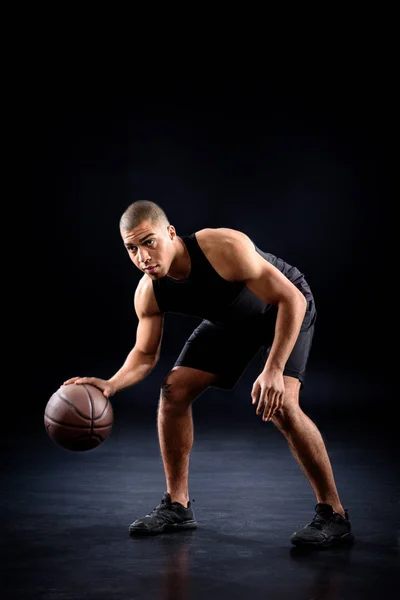 African American Basketball Player Bouncing Ball Black — Stock Photo, Image