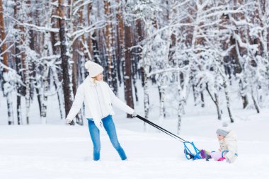 genç anne ve küçük kız kış ormanda birlikte sledging
