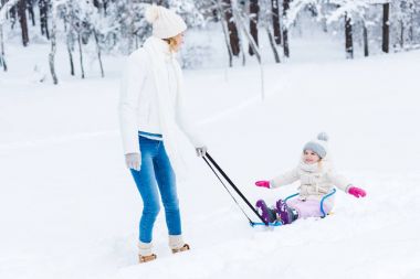 genç anne ve küçük kız kış ormanda birlikte sledging