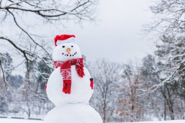 funny snowman in scarf, mittens and santa hat in winter park clipart