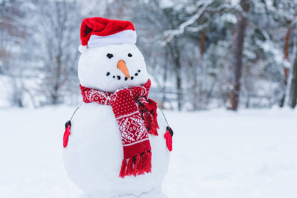 close up view of snowman in santa hat, scarf and mittens i winter park