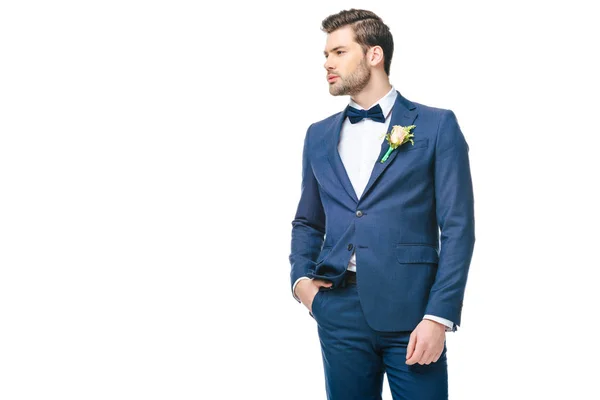 Portrait Young Handsome Groom Suit Isolated White — Stock Photo, Image
