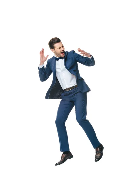 Excited Man Suit Jumping Isolated White — Stock Photo, Image