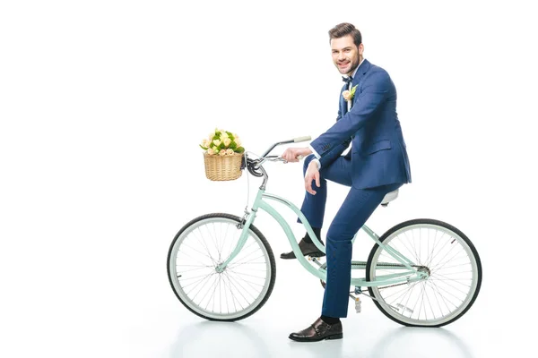 Groom Suit Sitting Retro Bicycle Wedding Bouquet Basket Isolated White — Stock Photo, Image