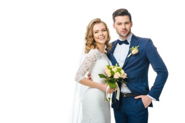 portrait of smiling bride with wedding bouquet and groom isolated on white clipart