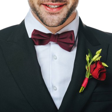 Kısmi görünümünü damat takım elbise ile beyaz izole yaka çiçeği