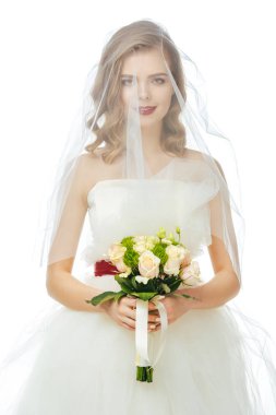 portrait of pretty bride in wedding dress and veil with wedding bouquet in hands isolated on white clipart
