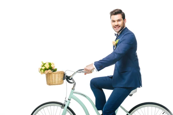 Novio Sonriente Traje Montar Bicicleta Retro Aislado Blanco —  Fotos de Stock