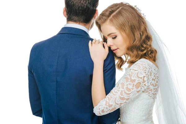 Partial View Bride Leaning Grooms Shoulder Isolated White — Stock Photo, Image
