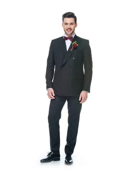 Handsome Young Groom Suit Boutonniere Isolated White — Stock Photo, Image