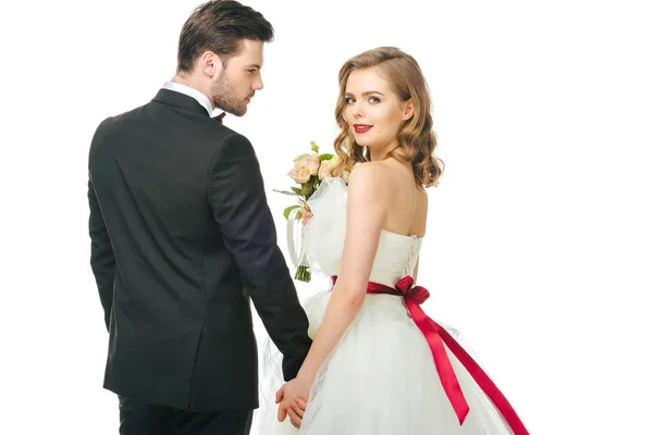 Back View Wedding Couple Holding Hands Isolated White — Stock Photo, Image