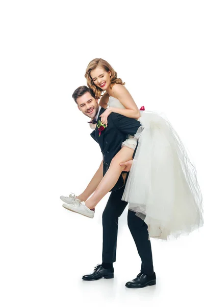 Side View Groom Bride Piggybacking Together Isolated White — Stock Photo, Image