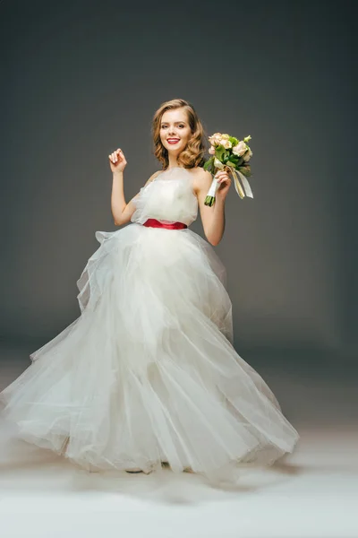 Smiling Bride Beautiful Wedding Dress Flowers Hand — Stock Photo, Image