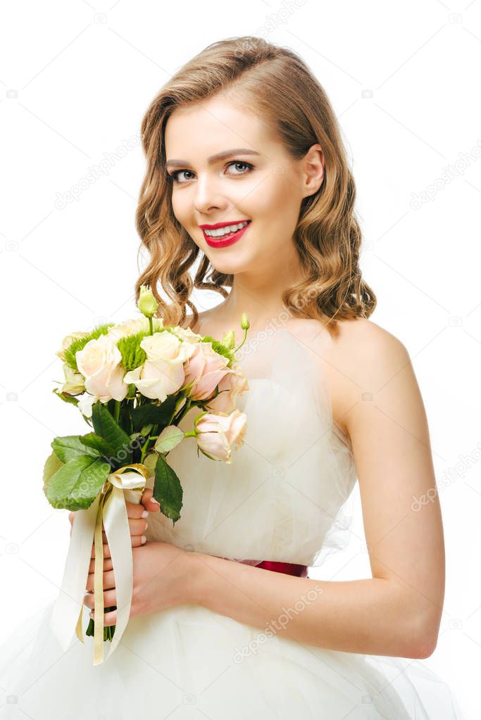 portrait of beautiful cheerful bride with wedding bouquet isolated on white