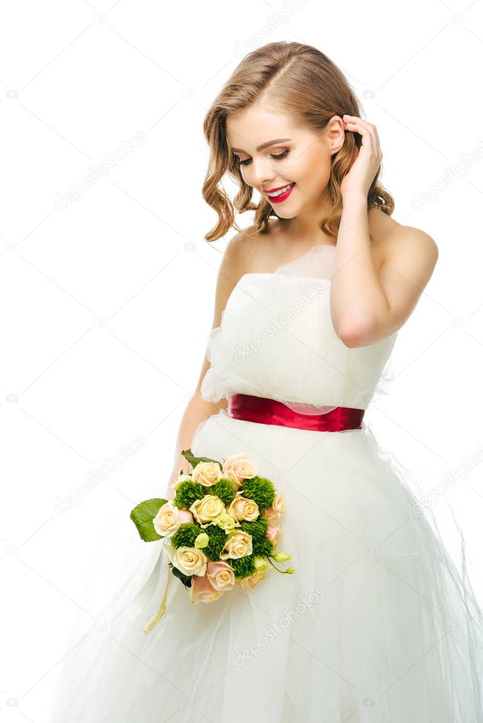 portrait of beautiful smiling  bride with wedding bouquet isolated on white