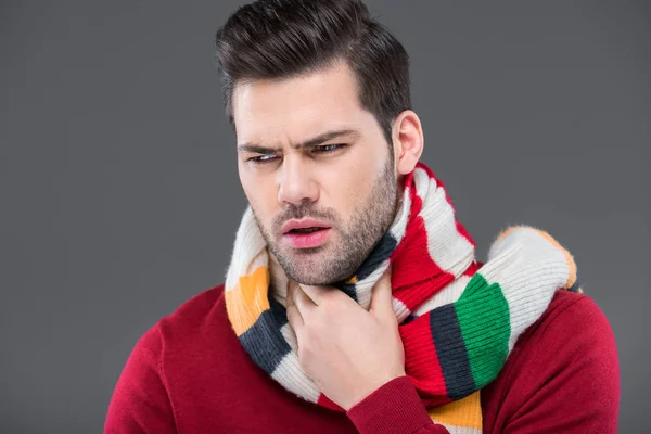Ill Man Coughing Warm Scarf Isolated Grey — Stock Photo, Image