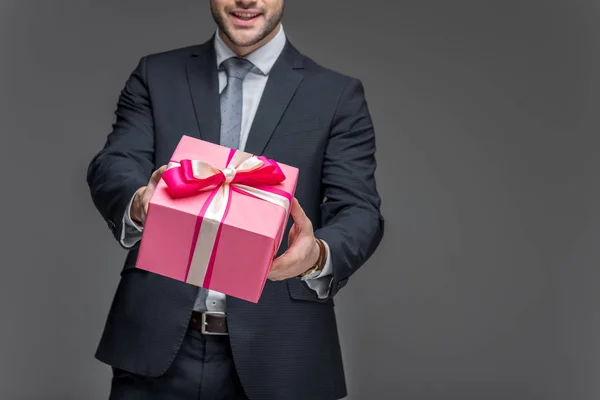 Cropped View Man Suit Holding Gift Box Isolated Grey — Free Stock Photo