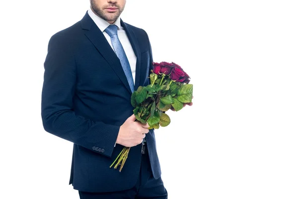 Vista Ritagliata Uomo Elegante Con Mazzo Rose Rosse Isolato Bianco — Foto Stock