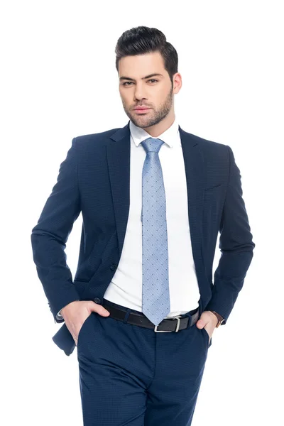 Elegante Hombre Negocios Guapo Posando Traje Aislado Blanco — Foto de Stock