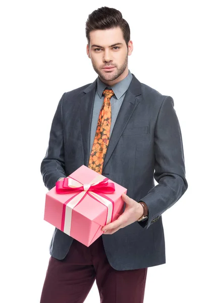 Handsome Bearded Man Holding Gift Box Isolated White — Stock Photo, Image