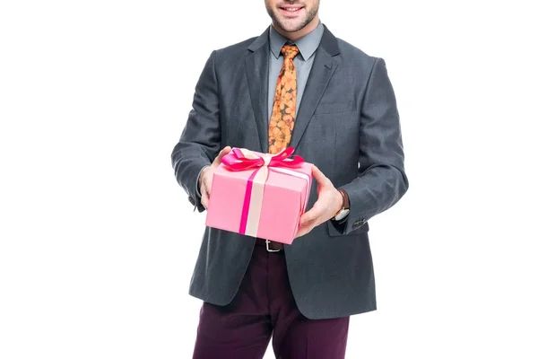 Cropped View Beardman Holding Pink Present Isolated White — Free Stock Photo