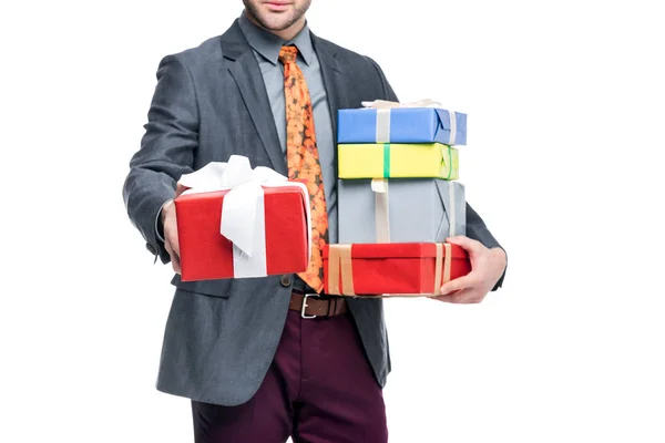 Cropped View Man Holding Presents Isolated White — Stock Photo, Image