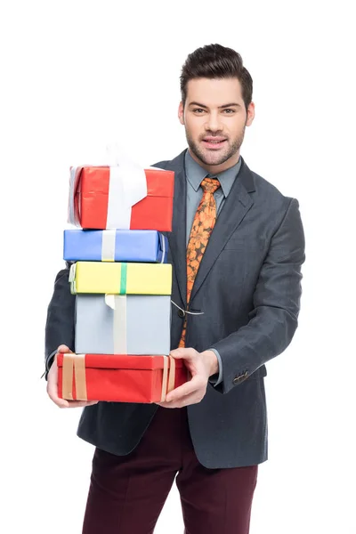 Handsome Man Holding Gift Boxes Isolated White — Stock Photo, Image