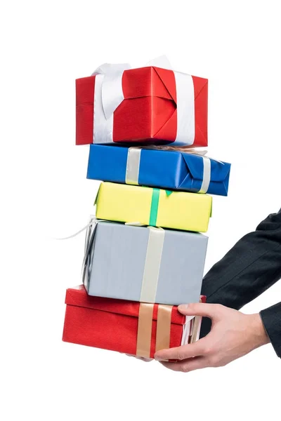 Vista Recortada Del Hombre Sosteniendo Cajas Regalo Aislado Blanco — Foto de stock gratis