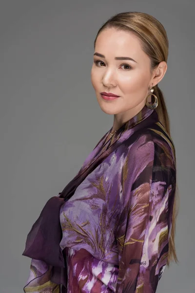 Portrait Beautiful Elegant Kazakh Woman Looking Camera Isolated Grey — Stock Photo, Image