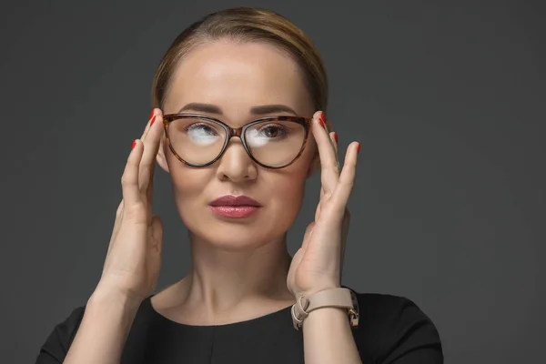 Portrait Beautiful Kazakh Woman Wearing Eyeglasses Looking Camera Isolated Grey — Stock Photo, Image