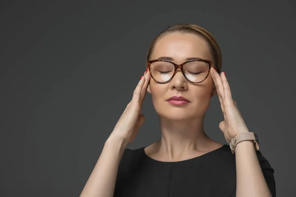 Beautiful Kazakh Woman Closed Eyes Wearing Eyeglasses Isolated Grey — Stock Photo, Image