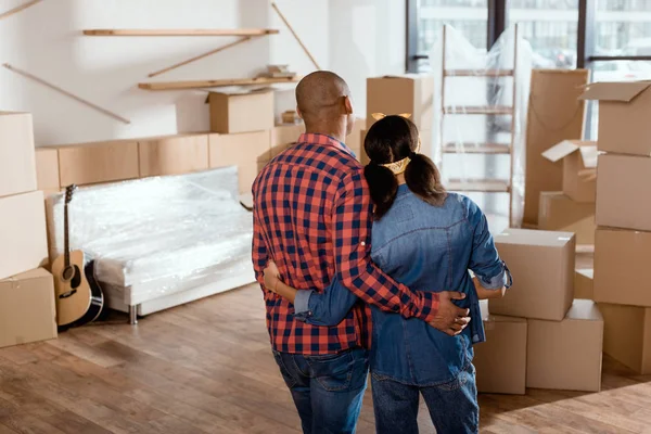 Back View African American Couple Looking New Home Cardboard Boxes — Stock Photo, Image