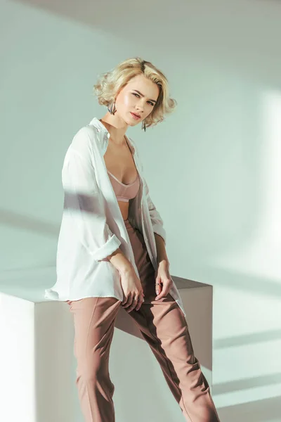Beautiful Charming Blonde Girl Bra Shirt Pants Looking Camera Studio — Stock Photo, Image