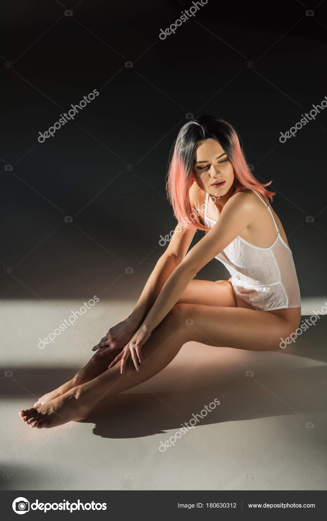 Beautiful Sensual Woman Pink Hair Posing White Lace Bodysuit Stock