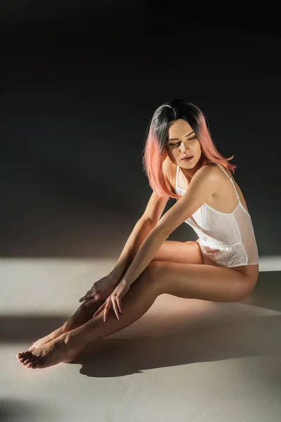 Beautiful Sensual Woman Pink Hair Posing White Lace Bodysuit — Stock Photo, Image