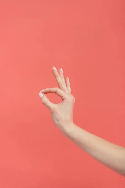 Vista Recortada Mano Femenina Con Signo Aislado Rojo —  Fotos de Stock