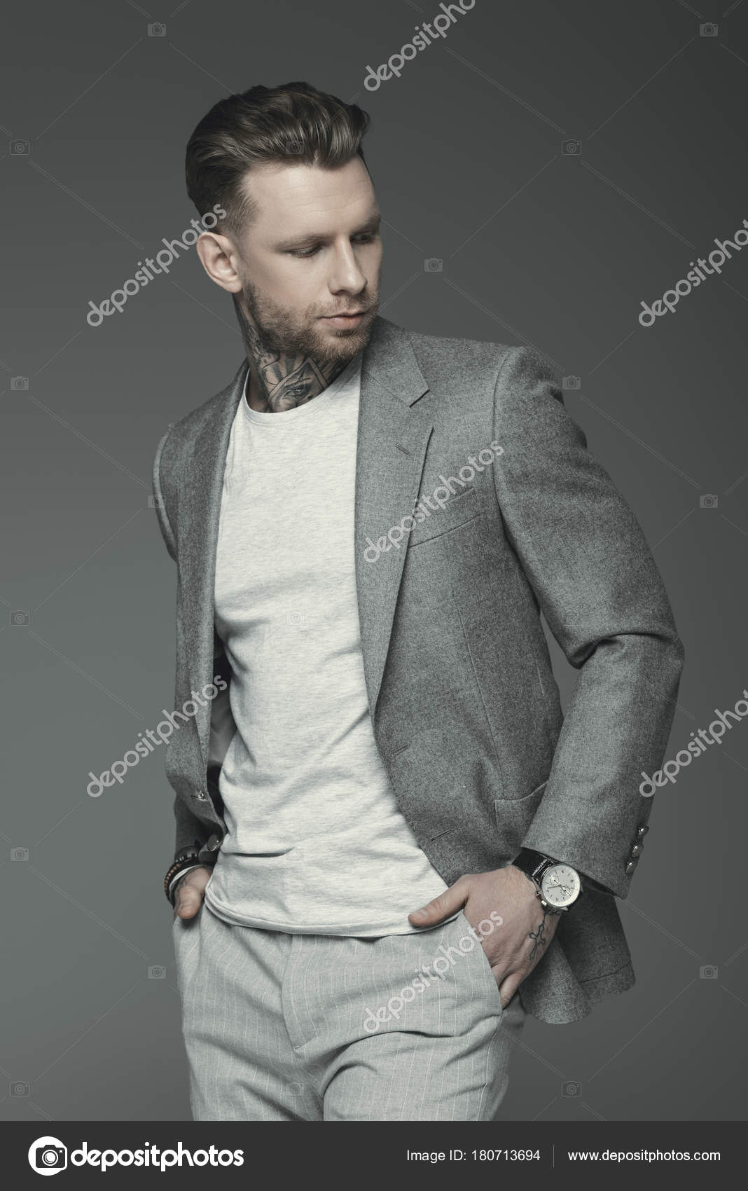 Handsome Tattooed Businessman Grey Suit Isolated Grey Stock Photo by  ©AllaSerebrina 180713694